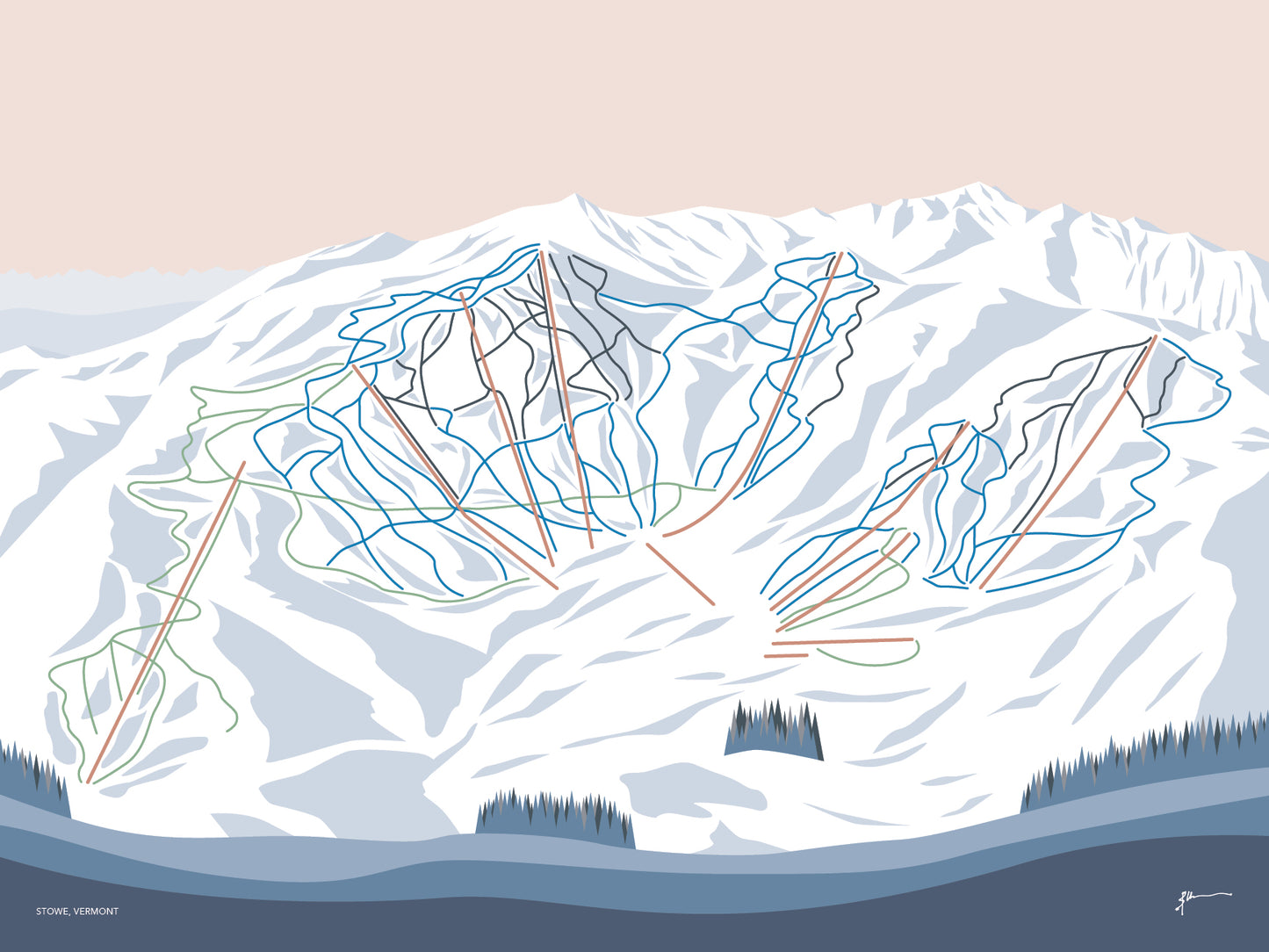 STOWE, VERMONT. Modern Mountain Trail Map Wall Art