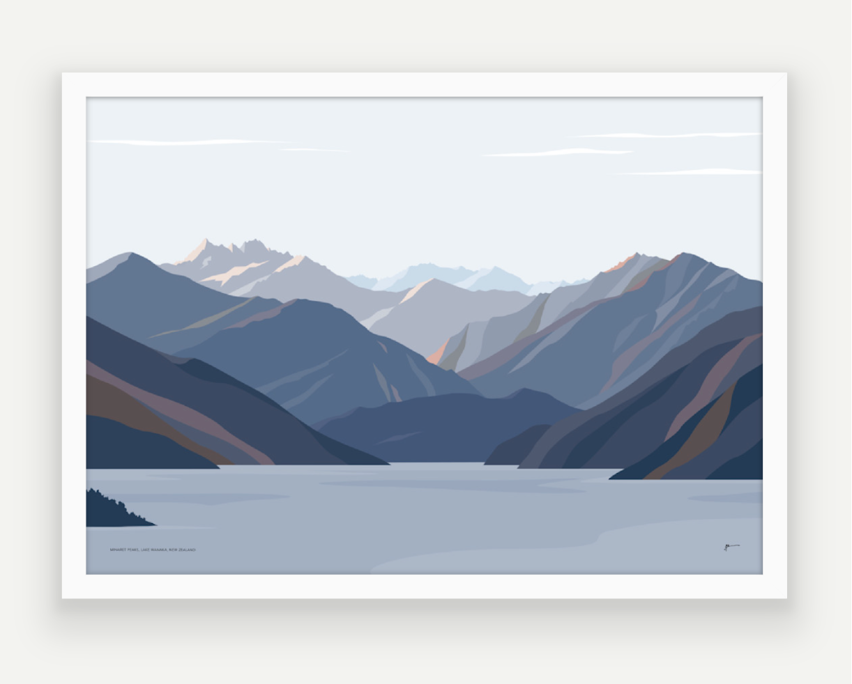 Minaret Peaks, Lake Wānaka, New Zealand Mountain Art Print