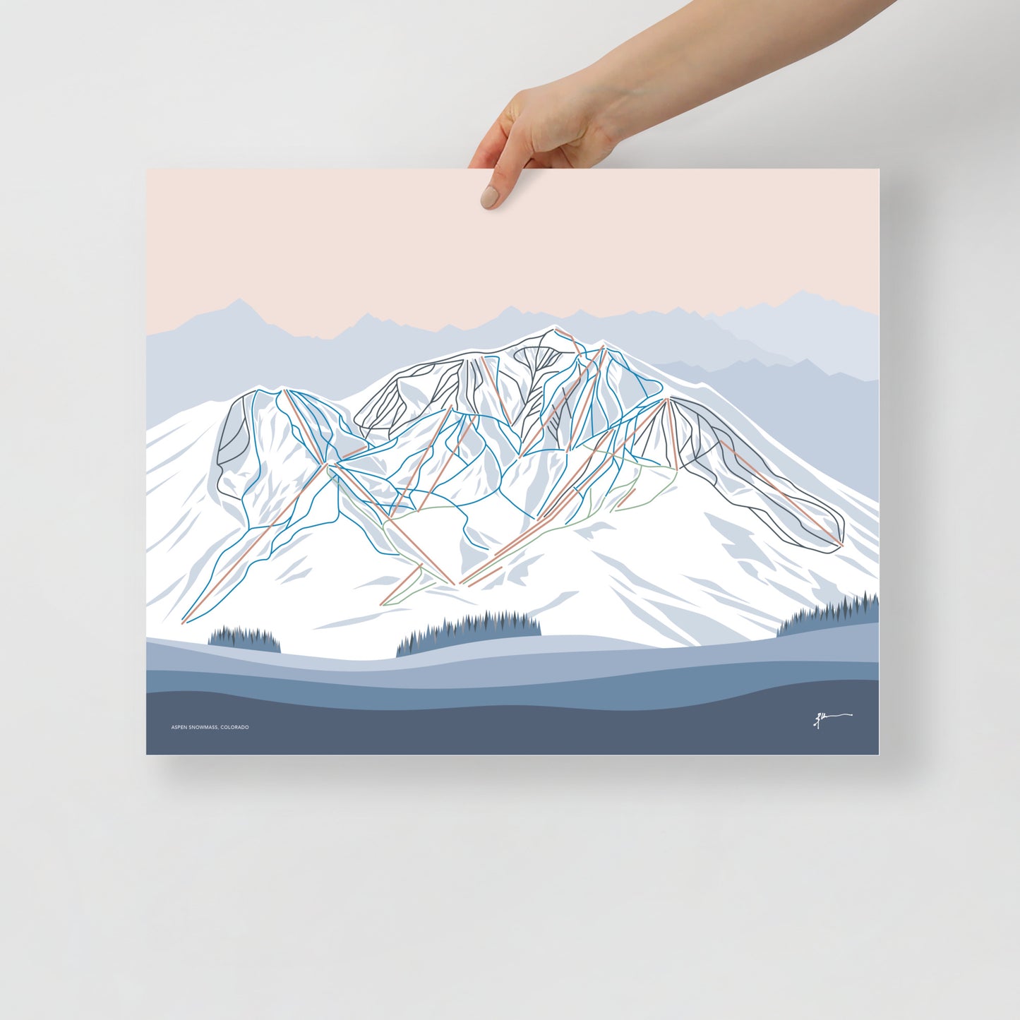 ASPEN SNOWMASS, Colorado. Modern Mountain Trail Map Wall Art