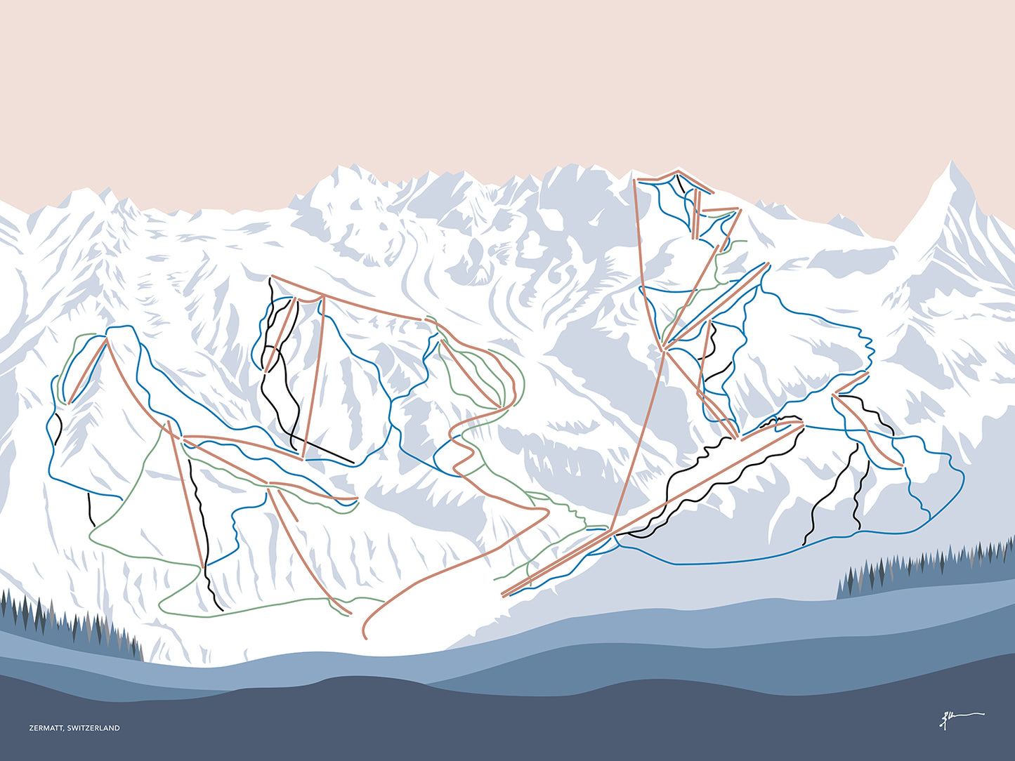 ZERMATT, SWITZERLAND. Modern Mountain Trail Map Wall Art
