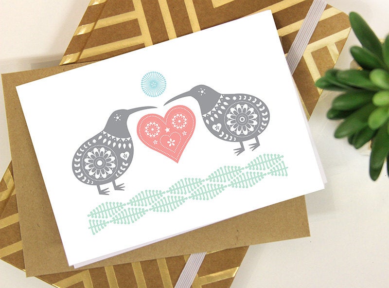 Kiwi Folk Art Love (Aroha), New Zealand Kiwi Bird with Love Heart Engagement or Wedding Greeting Card