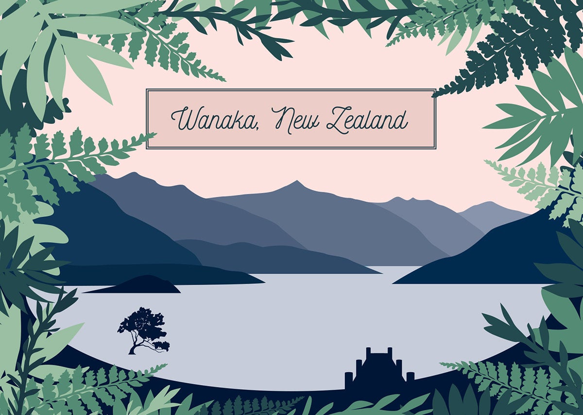 Lake Wanaka Native - Contemporary Mountain Landscape Greeting Card of Lake Wanaka framed with New Zealand Native Plants