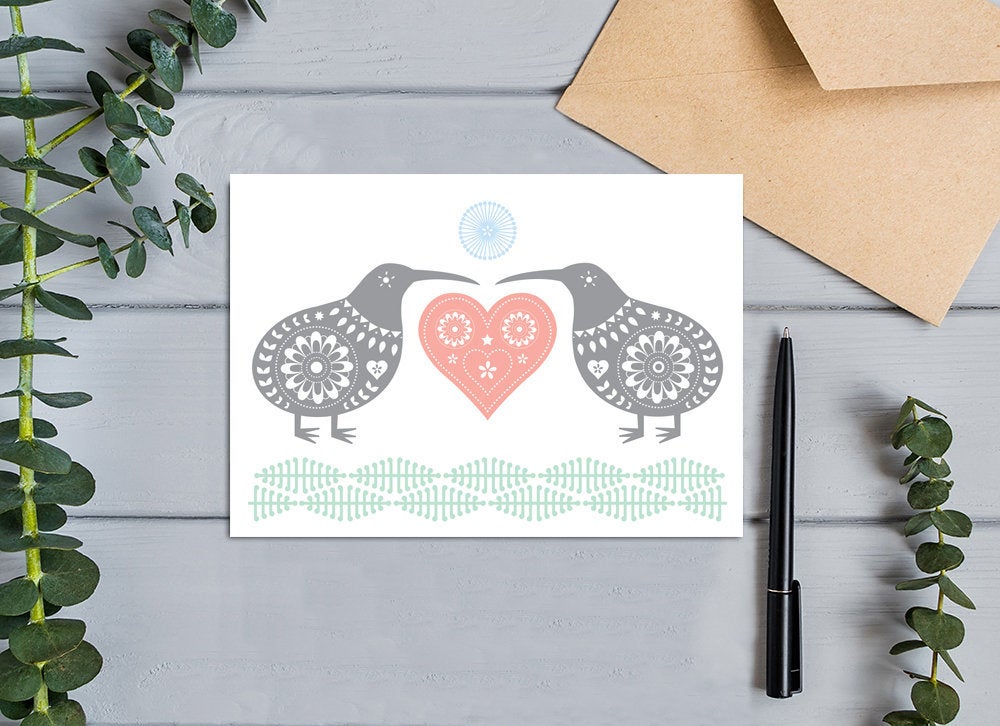 Kiwi Folk Art Love (Aroha), New Zealand Kiwi Bird with Love Heart Engagement or Wedding Greeting Card