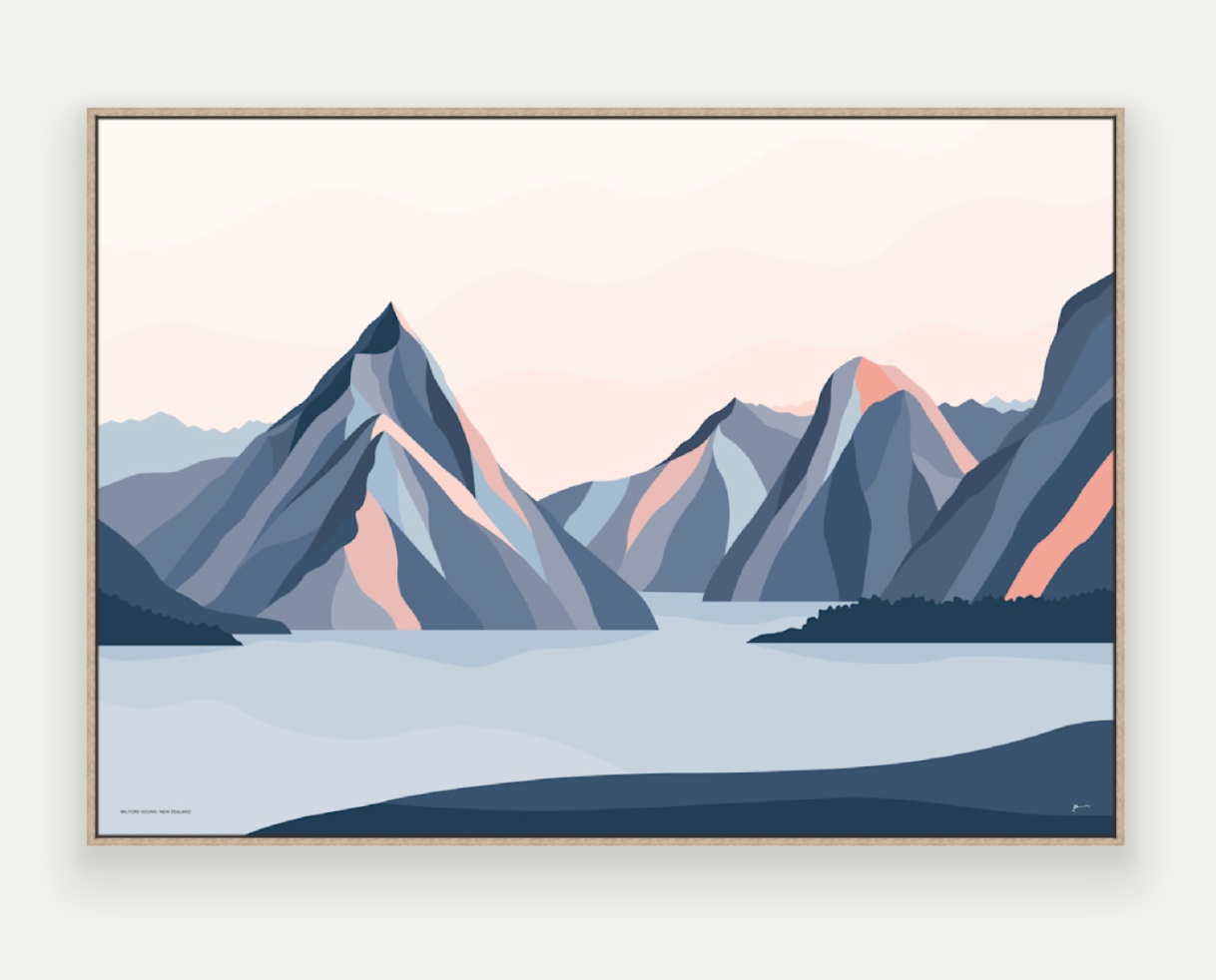 Milford Sound Mountains, New Zealand. Modern Mitre Peak Art Print