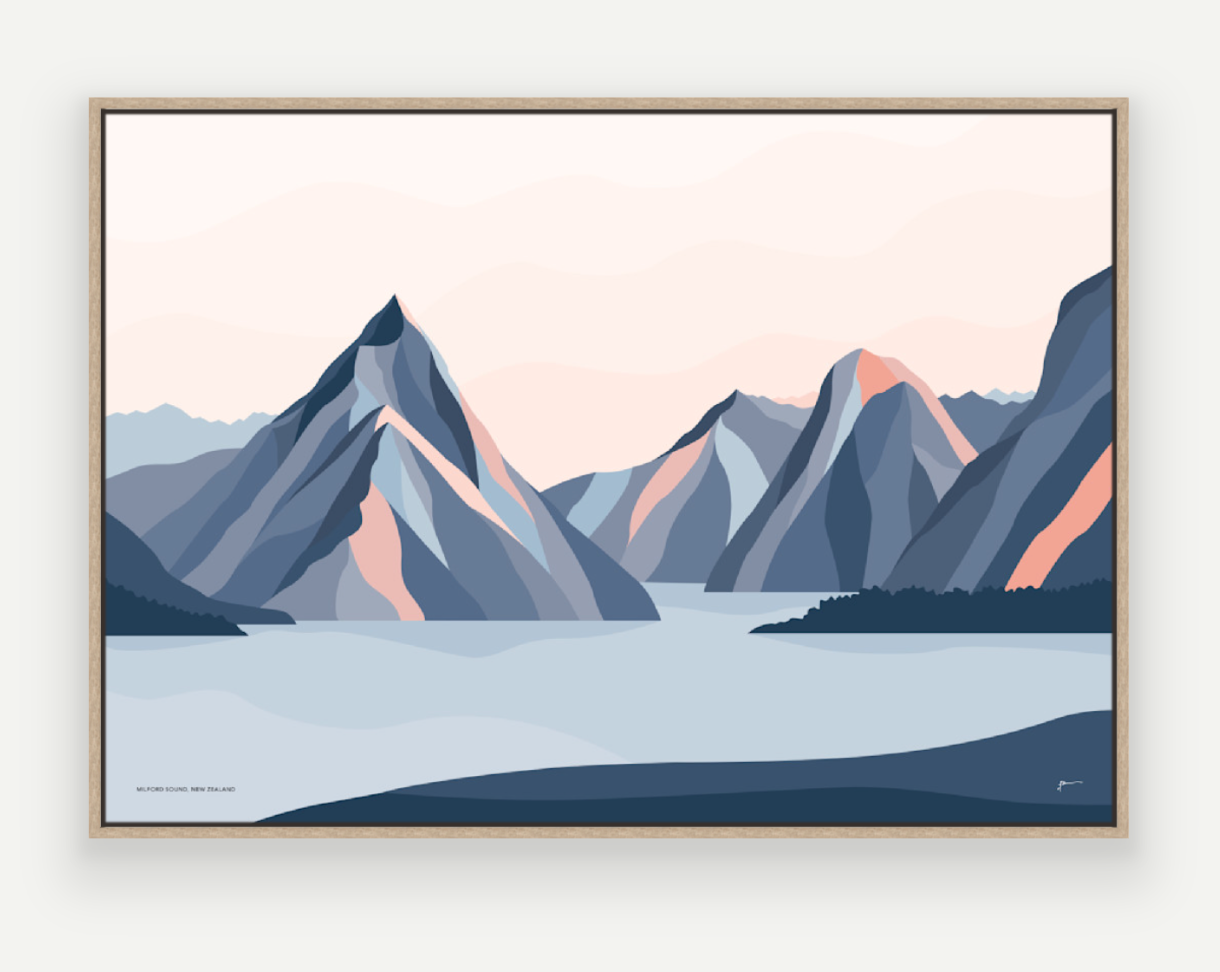 Milford Sound Mountains, New Zealand. Modern Mitre Peak Art Print