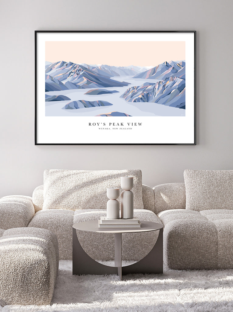 Roy's Peak View, Lake Wānaka, New Zealand Modern Mountain Art Print with white border