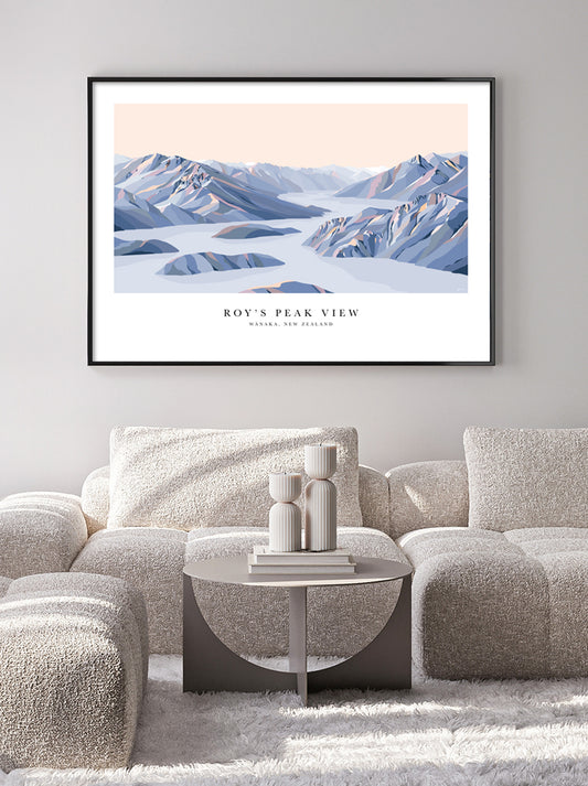Roy's Peak View, Lake Wānaka, New Zealand Modern Mountain Art Print with white border