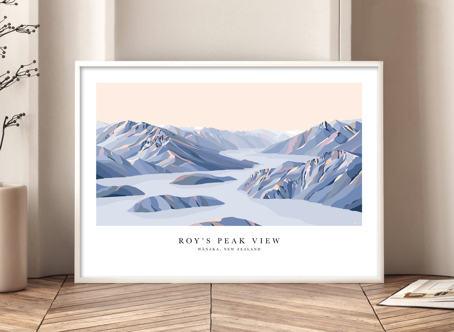 Roy's Peak View, Lake Wānaka, New Zealand Modern Mountain Art Print with white border