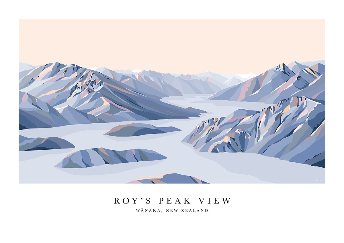 Roy's Peak View, Lake Wānaka, New Zealand Modern Mountain Art Print with white border