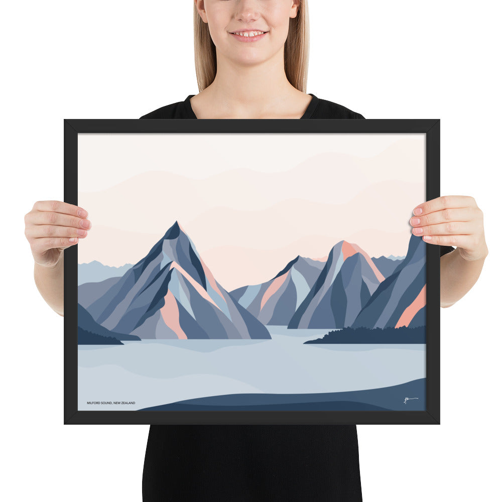 Milford Sound Mountains, New Zealand. Modern Mitre Peak Art Print