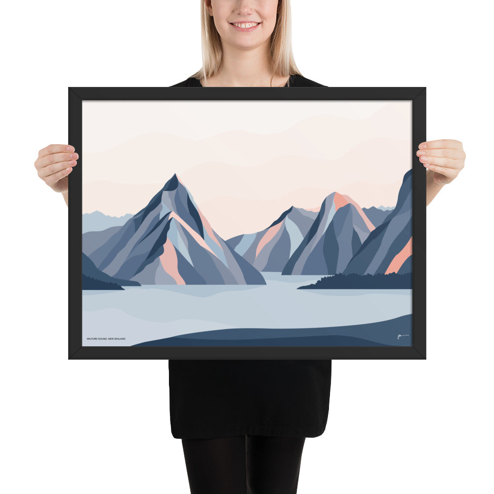 Milford Sound Mountains, New Zealand. Modern Mitre Peak Art Print