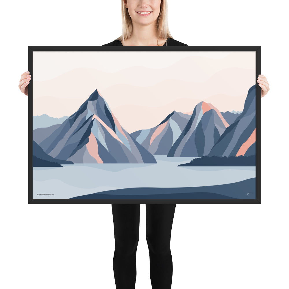 Milford Sound Mountains, New Zealand. Modern Mitre Peak Art Print