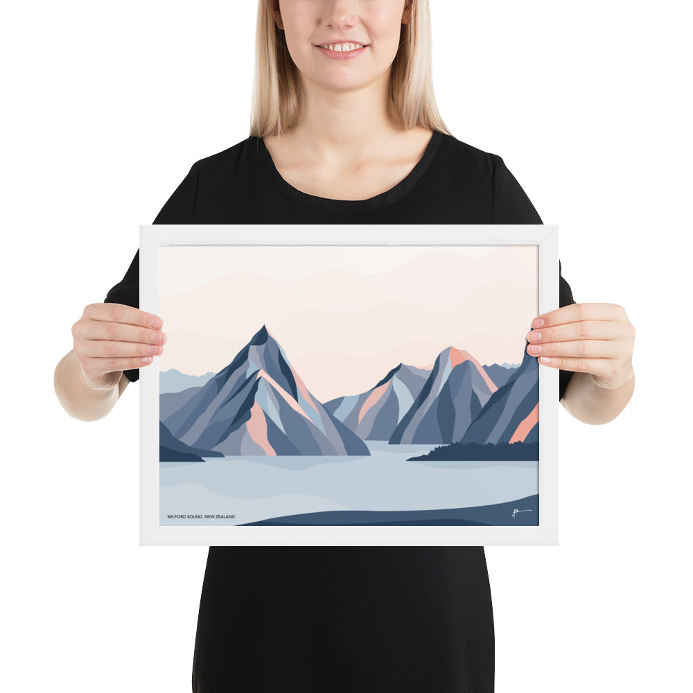 Milford Sound Mountains, New Zealand. Modern Mitre Peak Art Print