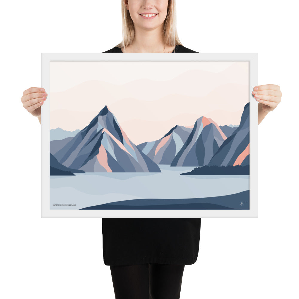 Milford Sound Mountains, New Zealand. Modern Mitre Peak Art Print