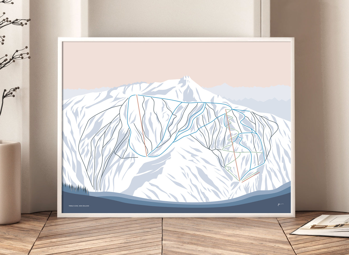 TREBLE CONE, Wanaka, New Zealand Modern Mountain Trail Map Wall Art Print