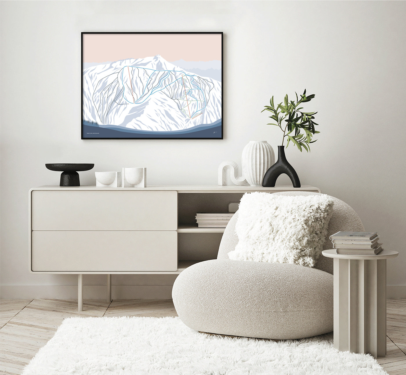 TREBLE CONE, Wanaka, New Zealand Modern Mountain Trail Map Wall Art Print