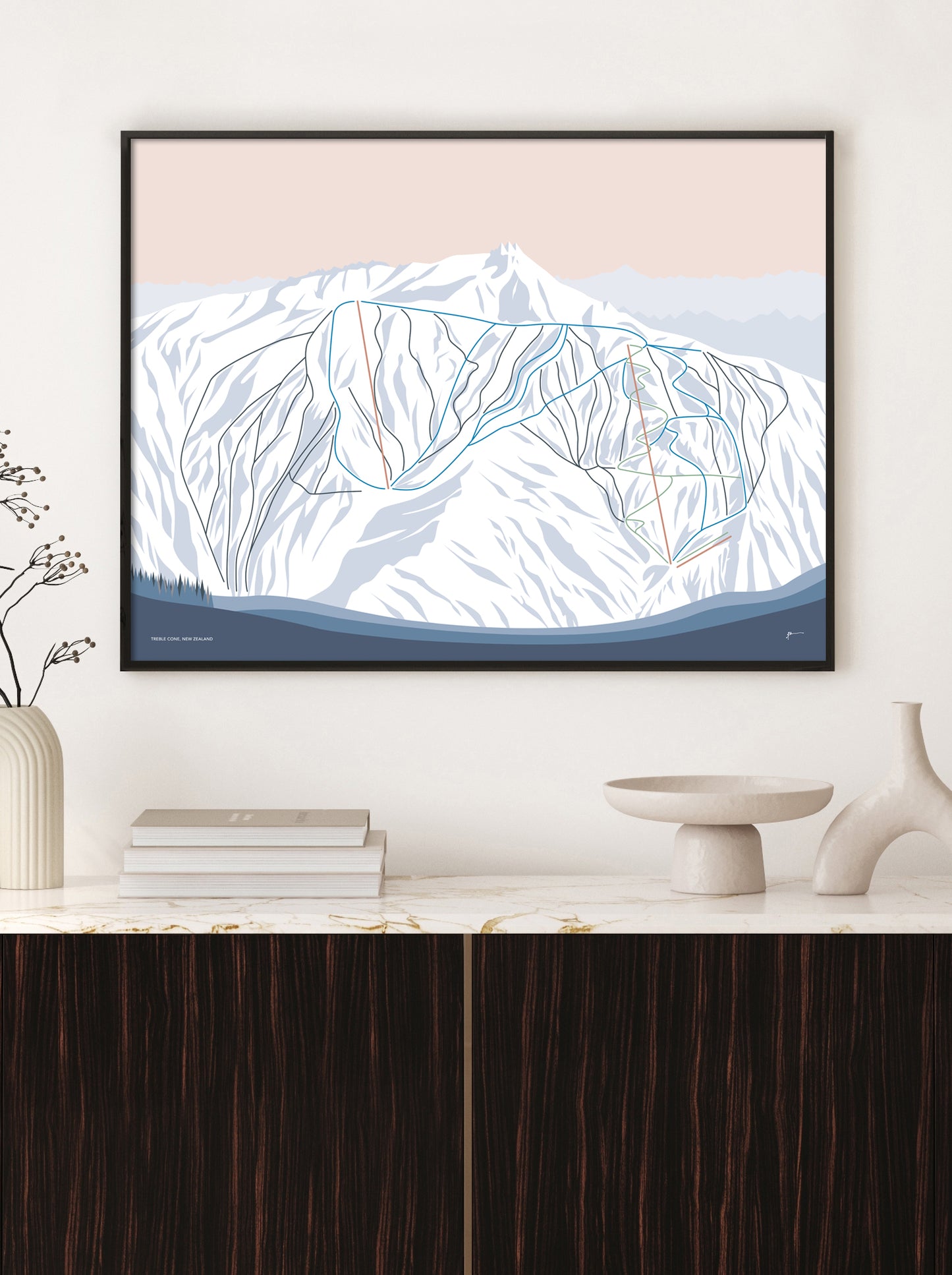 TREBLE CONE, Wanaka, New Zealand Modern Mountain Trail Map Wall Art Print