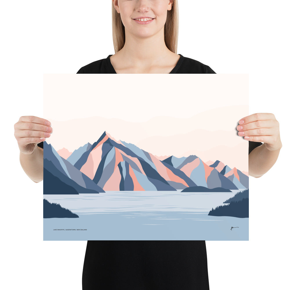 Queenstown Mountains, Lake Wakatipu, Walter Peak. New Zealand. Modern Landscape Travel Art Print