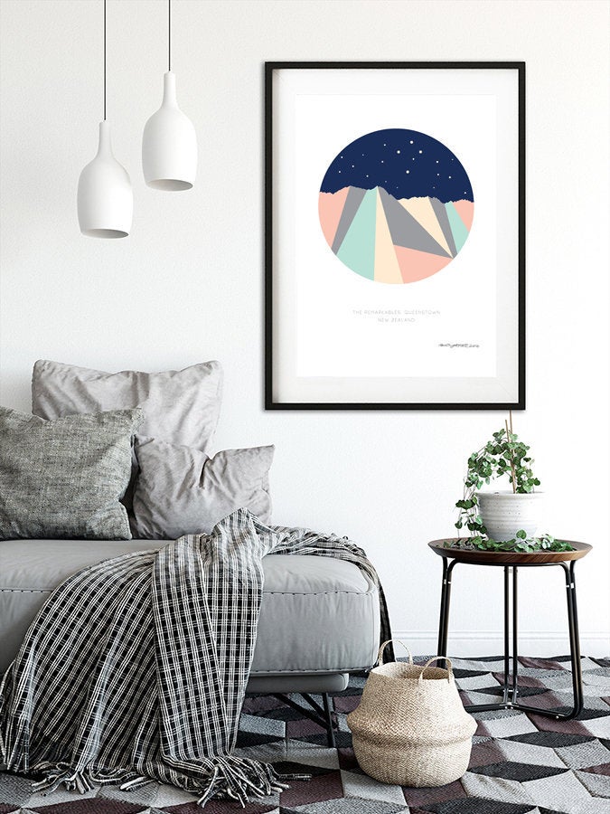 The Remarkables Mountain Range Night Sky Southern Cross, Queenstown New Zealand. Geometric Art Print