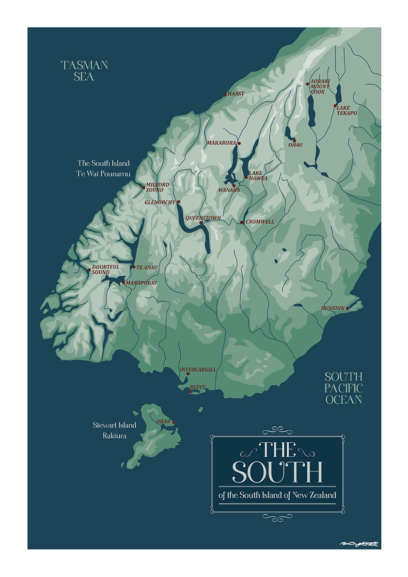 The South of the South Island of New Zealand Modern Map Art Print