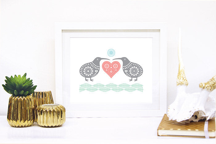 KIWI LOVE (Aroha) Modern Folk Art Print Free Worldwide Shipping