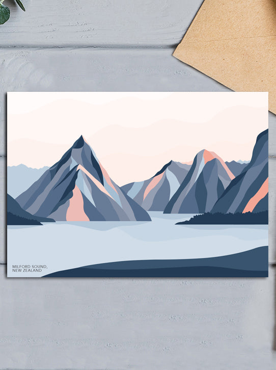 Milford Sound Mountains, New Zealand. Modern Mitre Peak Greeting Card