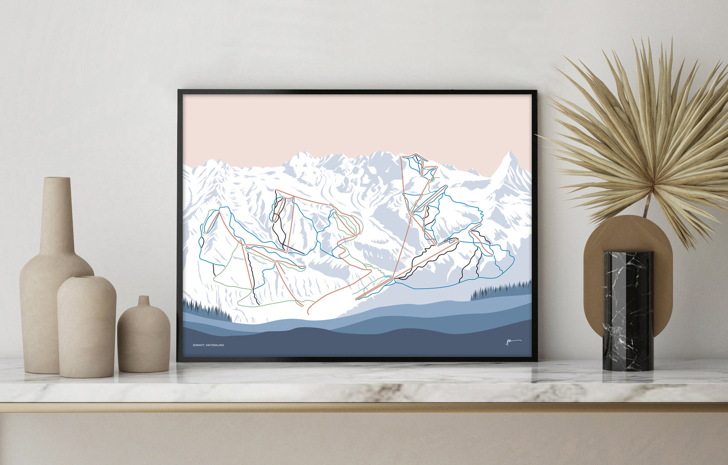 ZERMATT, SWITZERLAND. Modern Mountain Trail Map Wall Art
