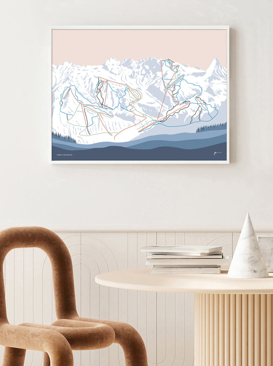 ZERMATT, SWITZERLAND. Modern Mountain Trail Map Wall Art